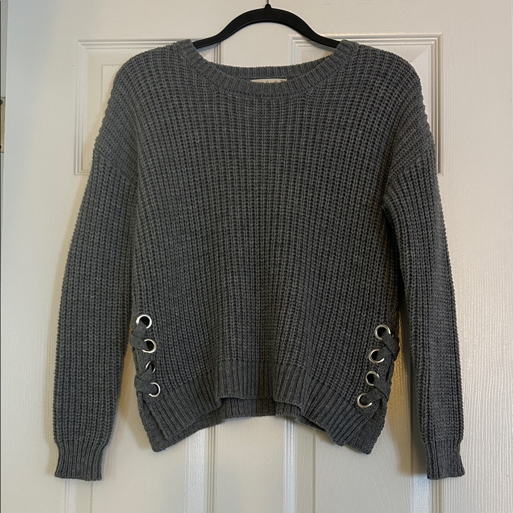 It's Our Time Charcoal Sweater with Lace-Up Sides